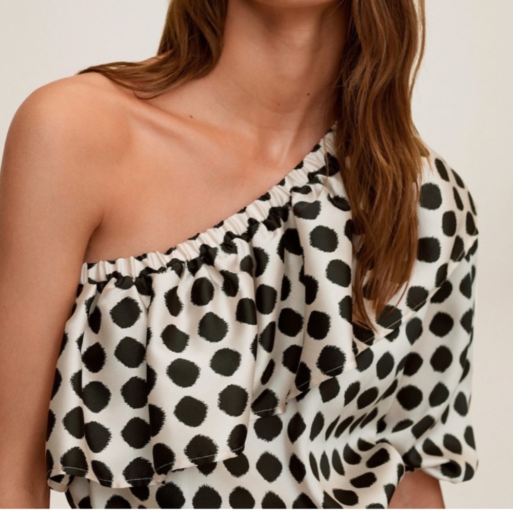 Mango Black and White Polka Dot One-Shoulder Crop Top - Picture 3 of 10